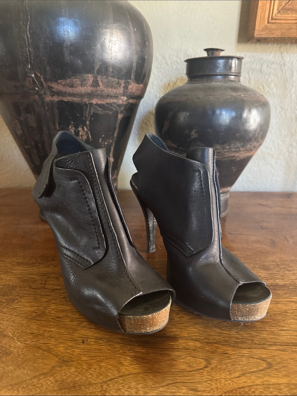 Pedro Garcia Black Leather Peep-Toe Stiletto Booties
